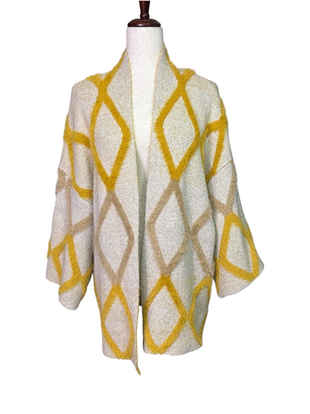 Kori America Fuzzy Diamond Open Front Cardigan Sweater Grandmacore Retro S/M
